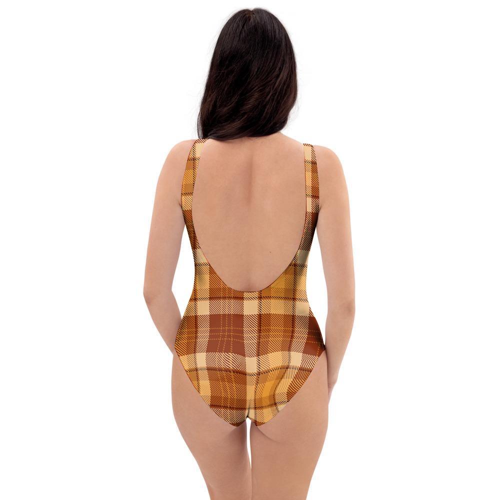 Orange Plaid Tartan Print One Piece Swimsuite-grizzshop