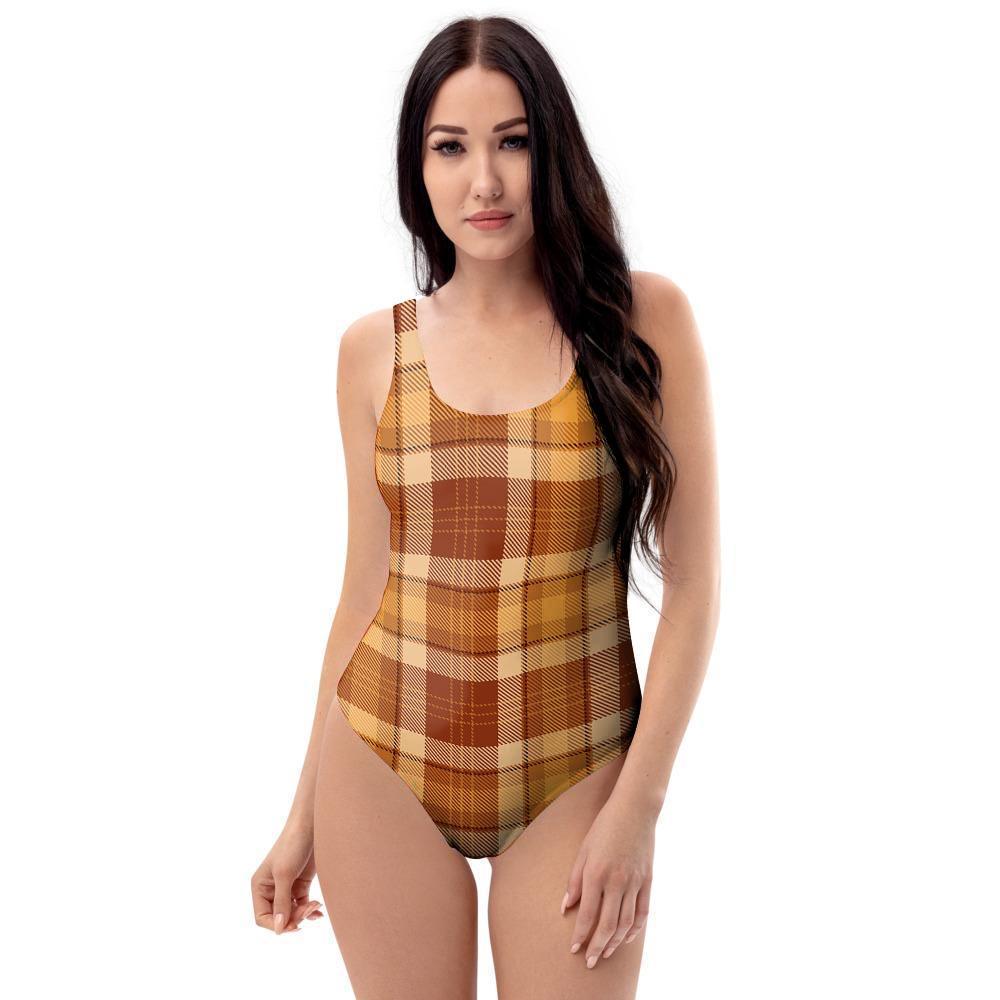 Orange Plaid Tartan Print One Piece Swimsuite-grizzshop