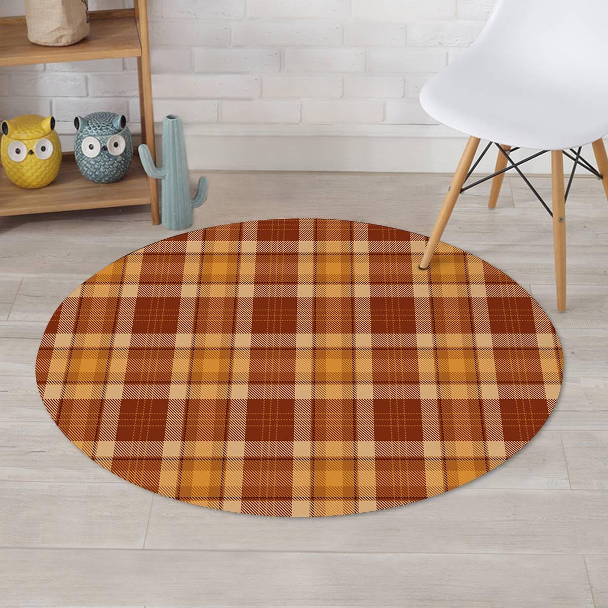 Orange Plaid Tartan Print Round Rug-grizzshop