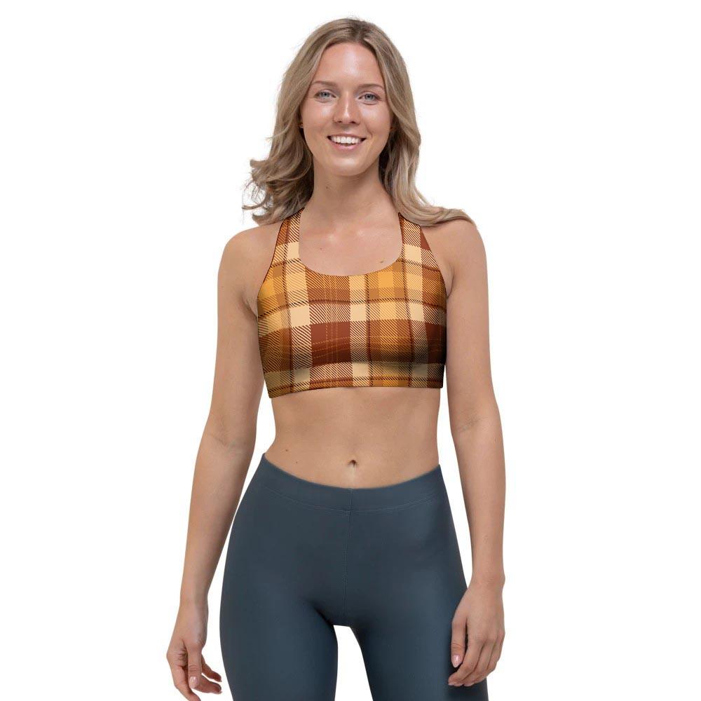 Orange Plaid Tartan Print Sports Bra-grizzshop