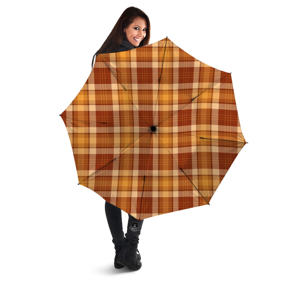 Orange Plaid Tartan Print Umbrella-grizzshop