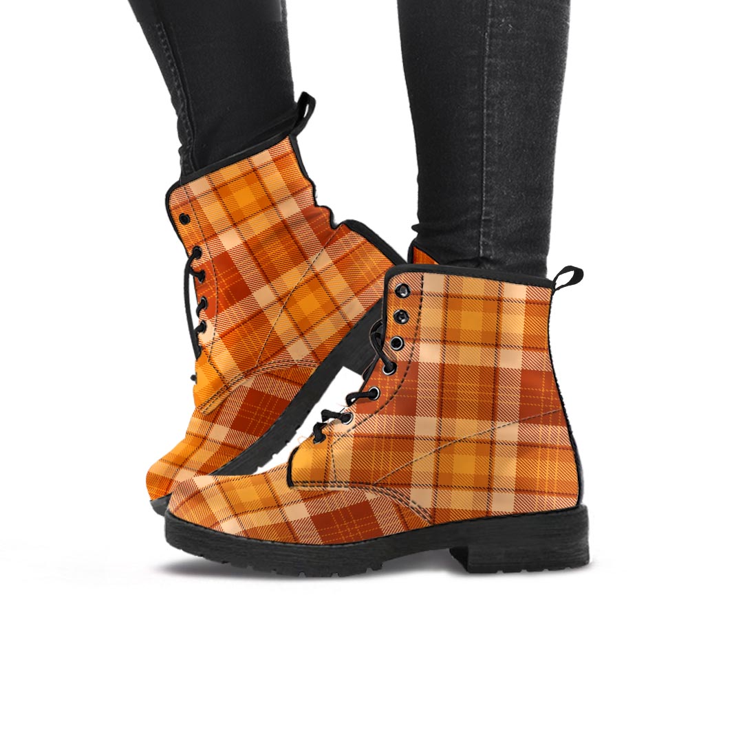 Orange Plaid Tartan Print Women's Boots-grizzshop