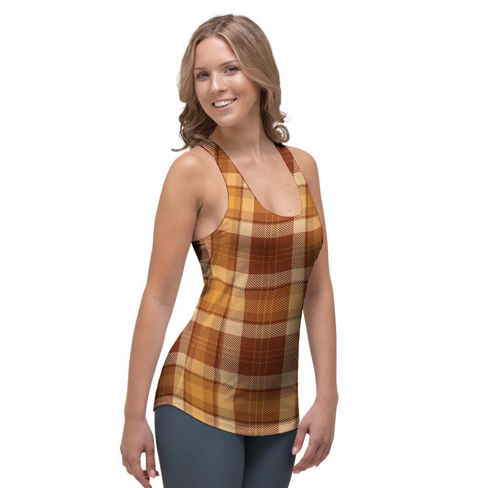 Orange Plaid Tartan Print Women's Racerback Tank Top-grizzshop