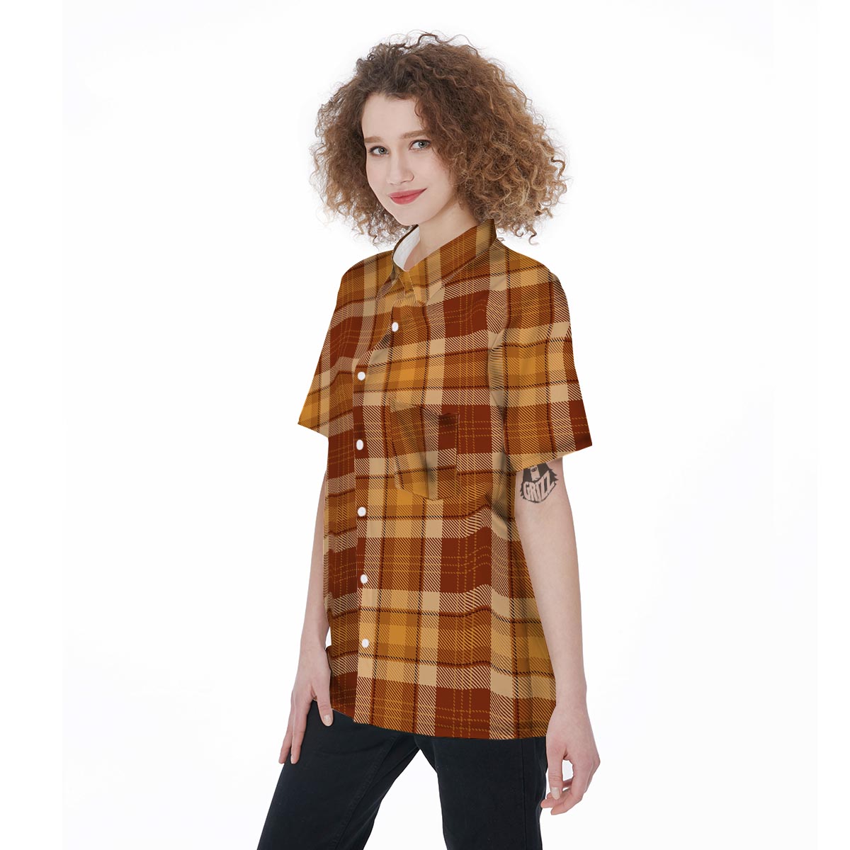 Orange Plaid Tartan Print Women's Short Sleeve Shirts-grizzshop