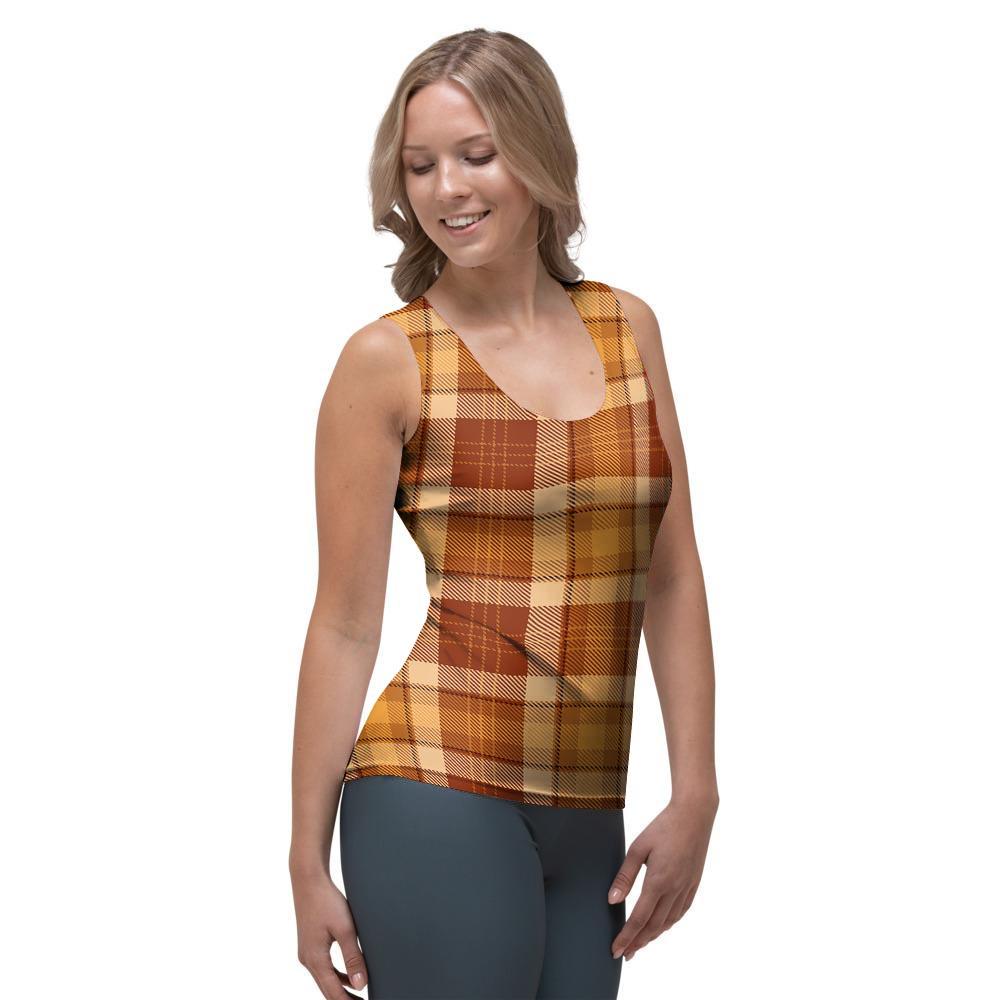 Orange Plaid Tartan Print Women's Tank Top-grizzshop