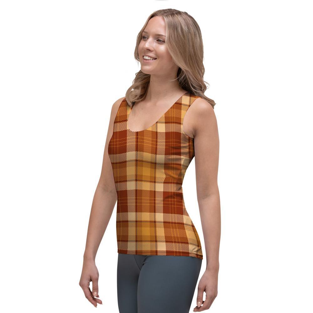 Orange Plaid Tartan Print Women's Tank Top-grizzshop