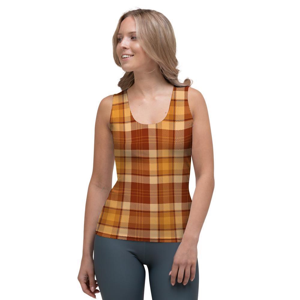Orange Plaid Tartan Print Women's Tank Top-grizzshop