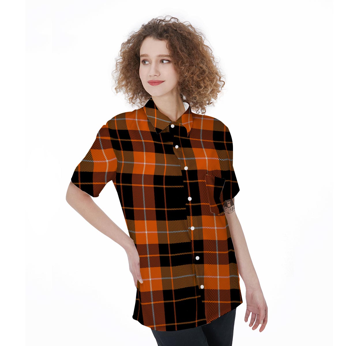 Orange Plaid Tartan Women's Short Sleeve Shirts-grizzshop