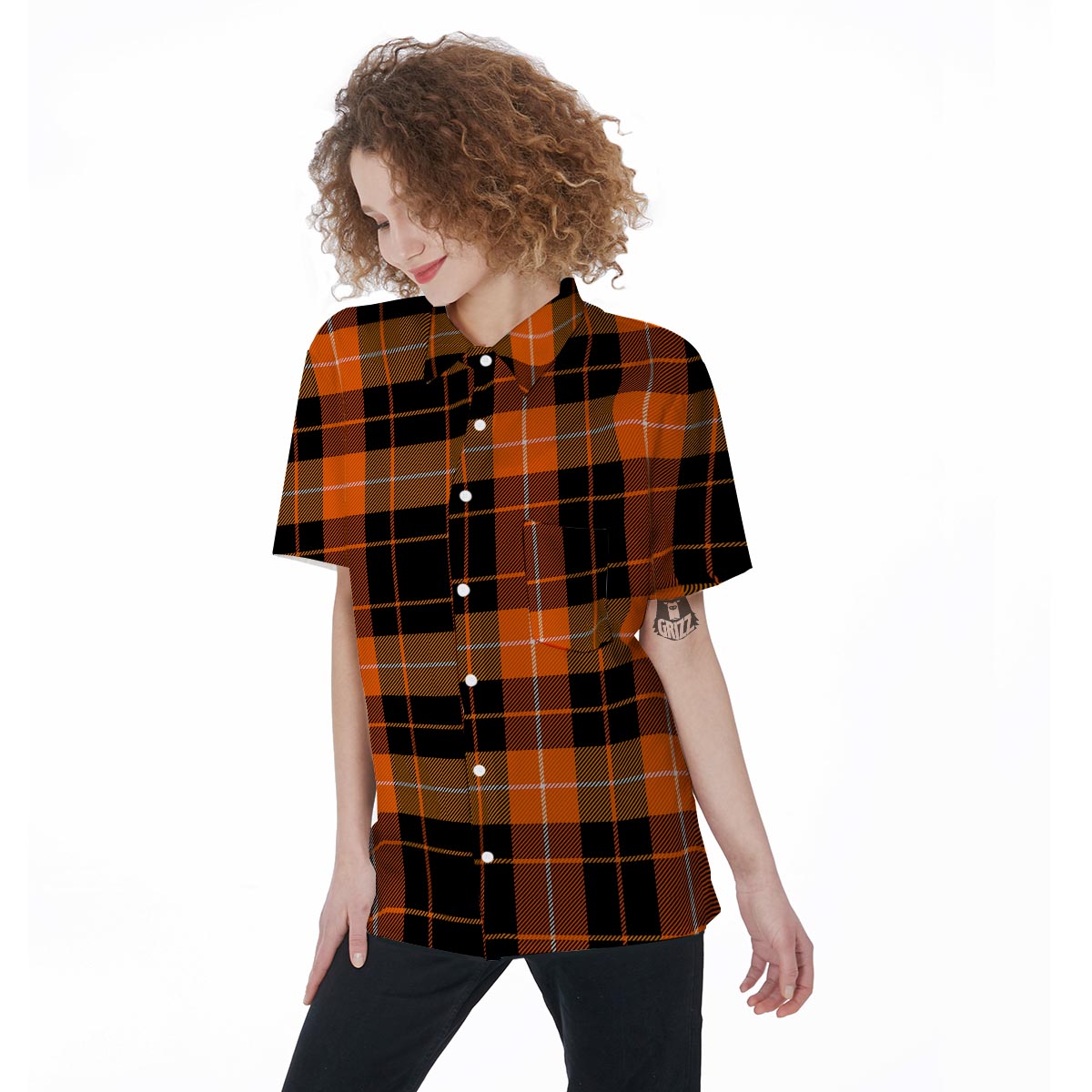 Orange Plaid Tartan Women's Short Sleeve Shirts-grizzshop