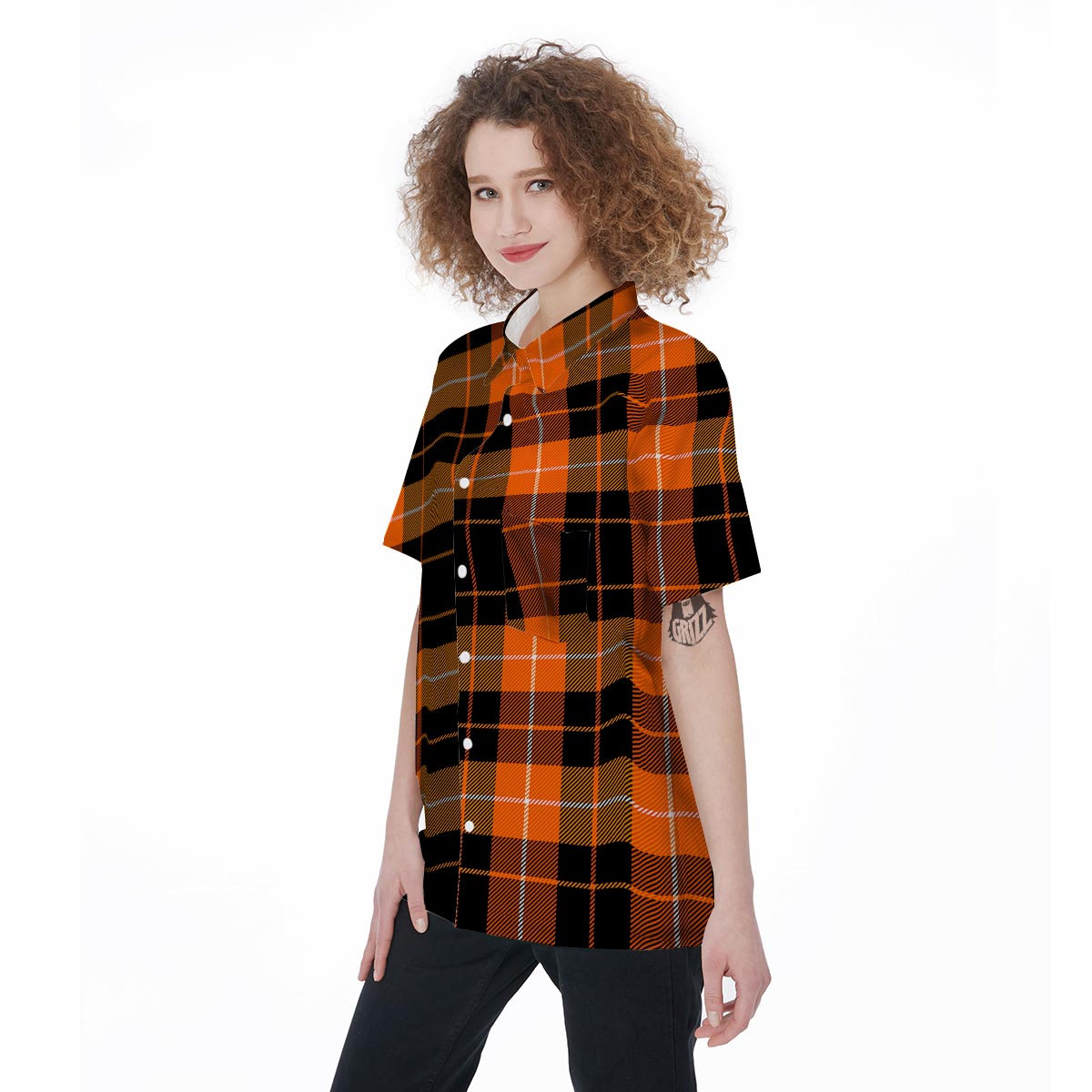 Orange Plaid Tartan Women's Short Sleeve Shirts-grizzshop