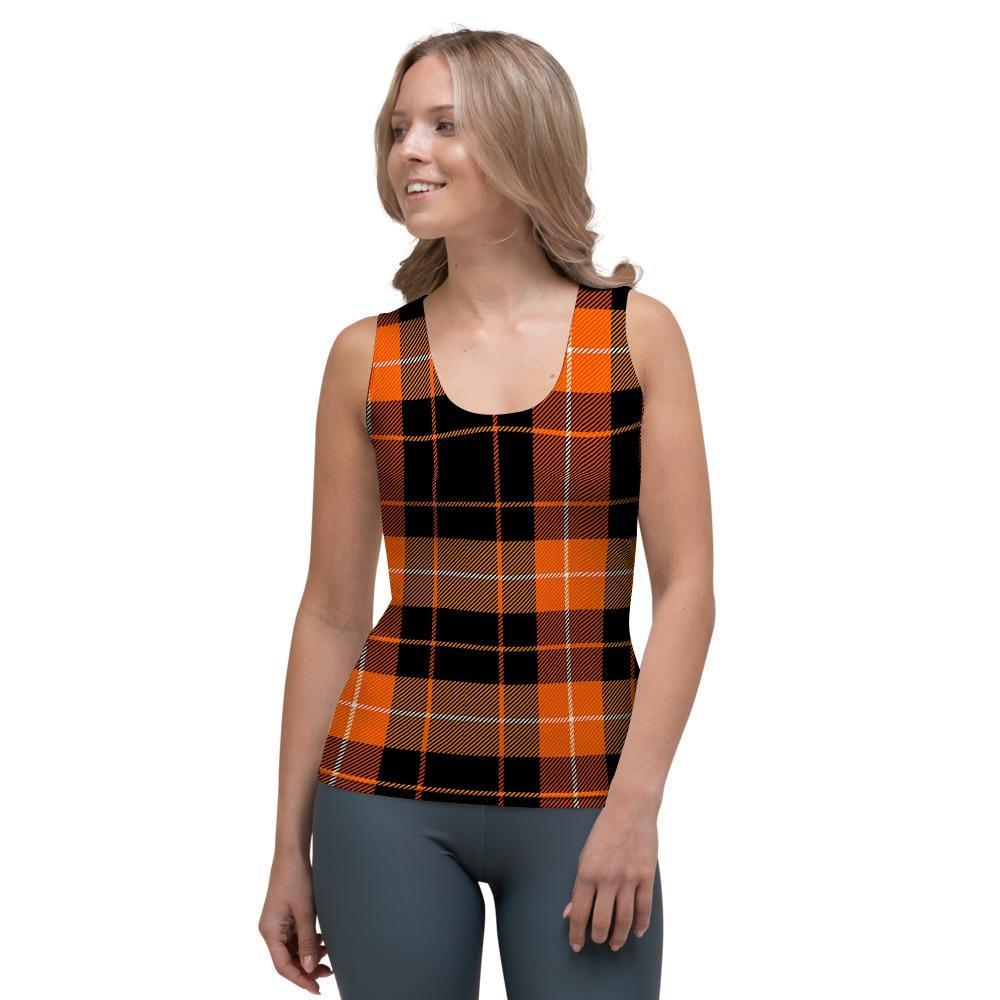 Orange Plaid Tartan Women's Tank Top-grizzshop