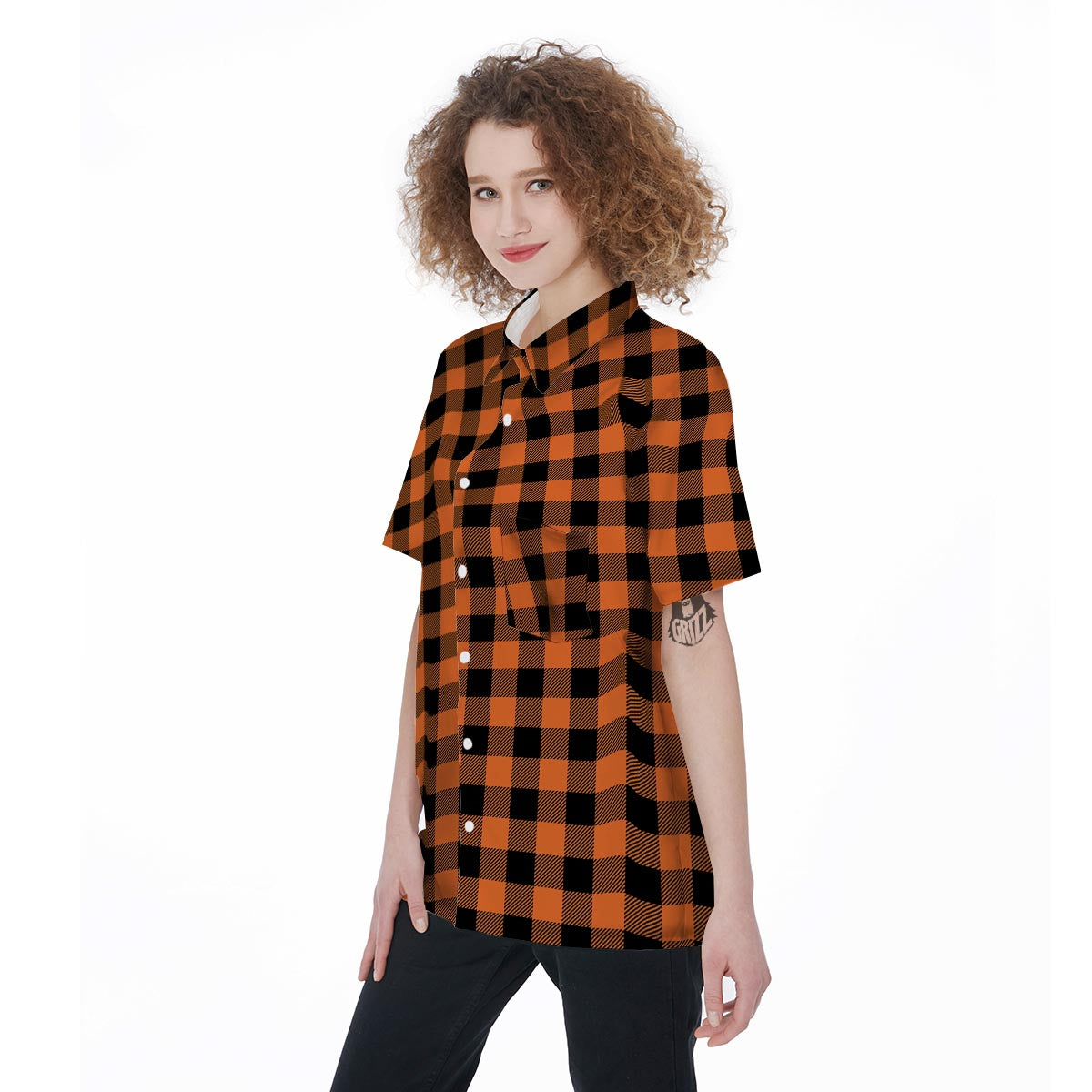 Orange Plaid Women's Short Sleeve Shirts-grizzshop