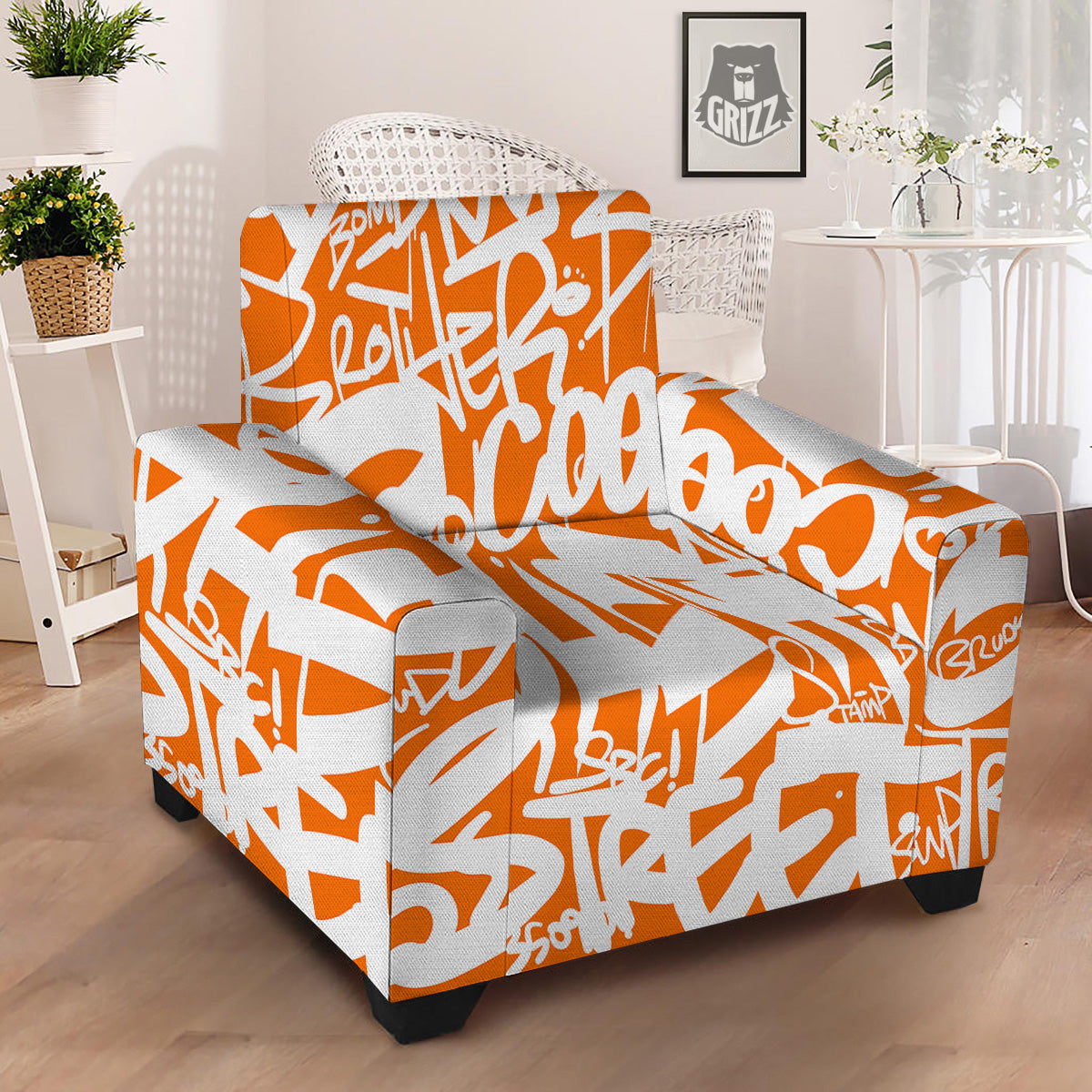 Orange Urban Graffiti Text Print Pattern Armchair Slipcover-grizzshop