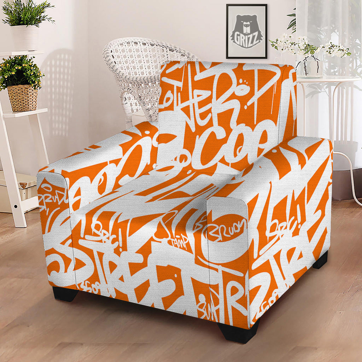 Orange Urban Graffiti Text Print Pattern Armchair Slipcover-grizzshop