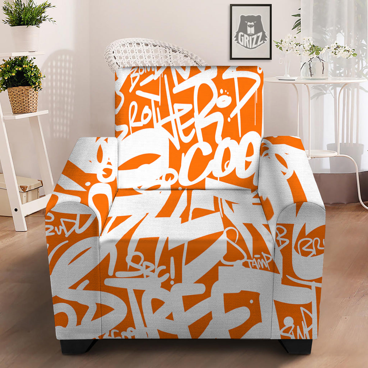 Orange Urban Graffiti Text Print Pattern Armchair Slipcover-grizzshop