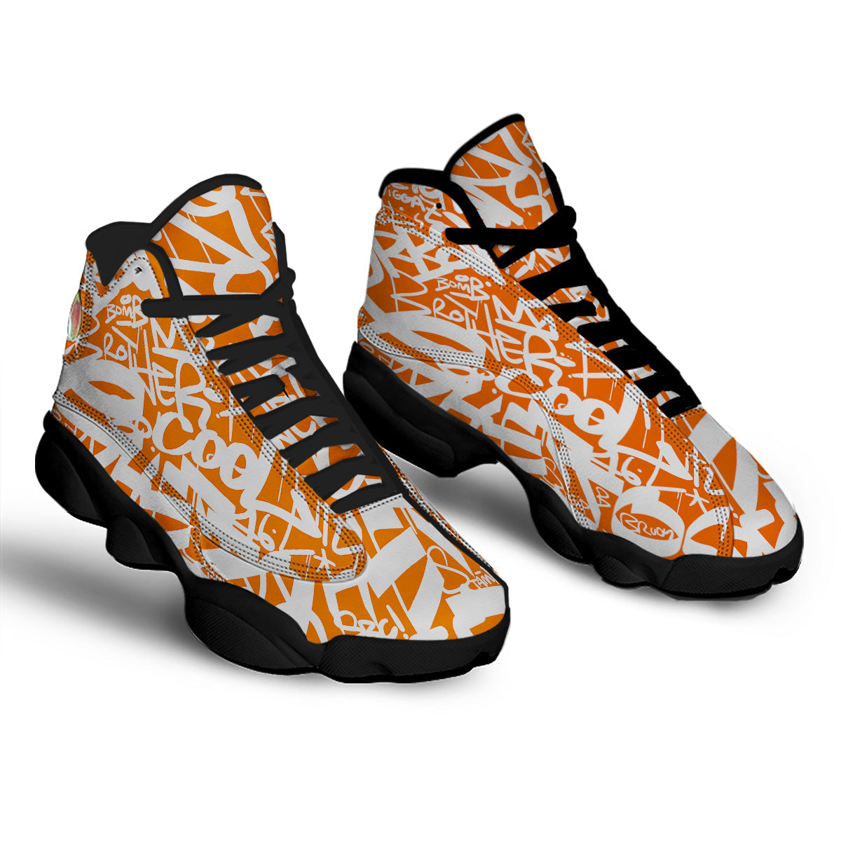 Orange Urban Graffiti Text Print Pattern Black Basketball Shoes-grizzshop