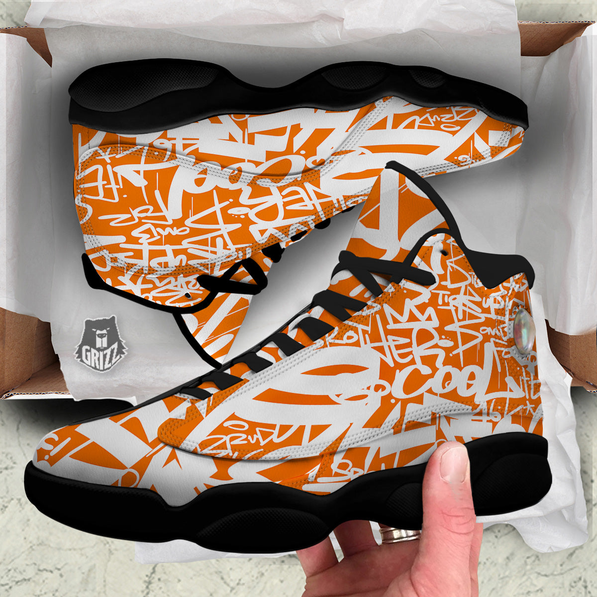 Orange Urban Graffiti Text Print Pattern Black Basketball Shoes-grizzshop