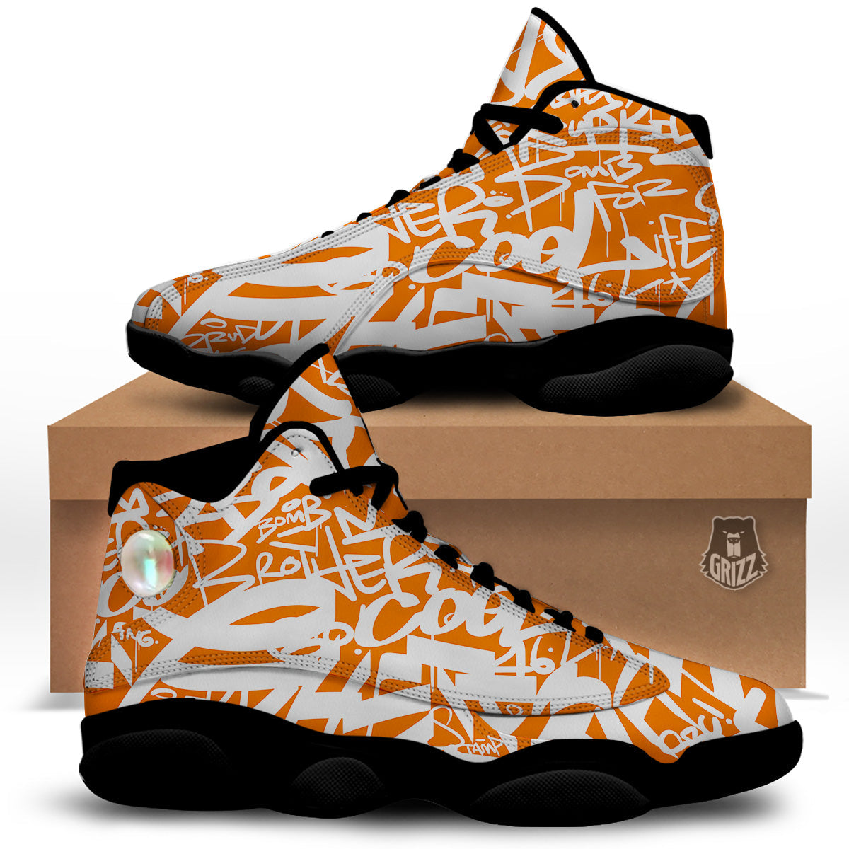 Orange Urban Graffiti Text Print Pattern Black Basketball Shoes-grizzshop