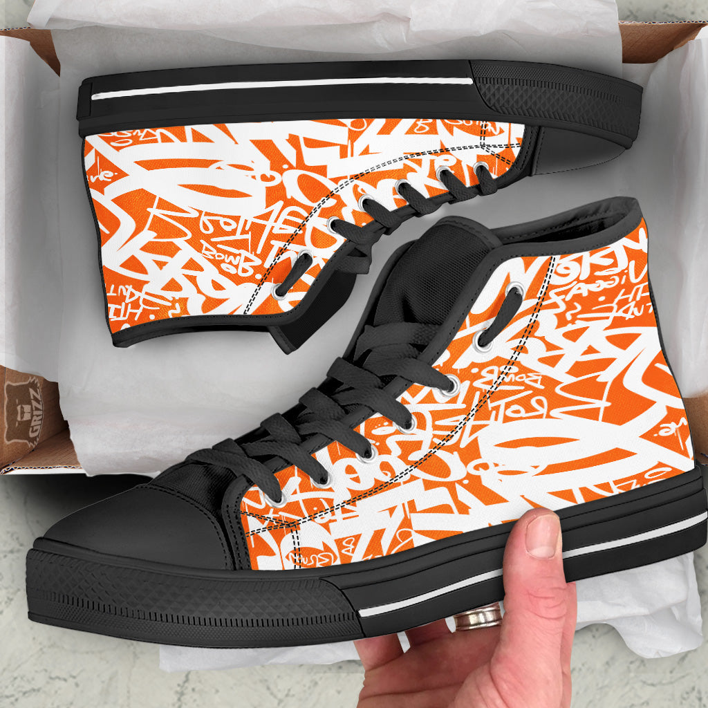 Orange Urban Graffiti Text Print Pattern Black High Top Shoes-grizzshop