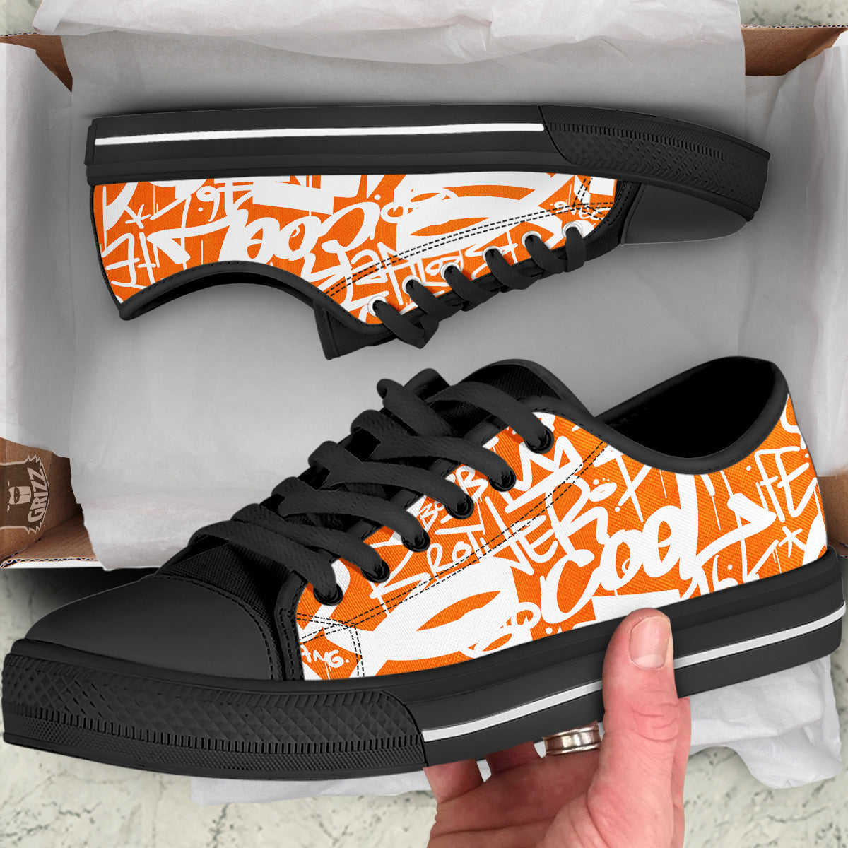 Orange Urban Graffiti Text Print Pattern Black Low Top Shoes-grizzshop