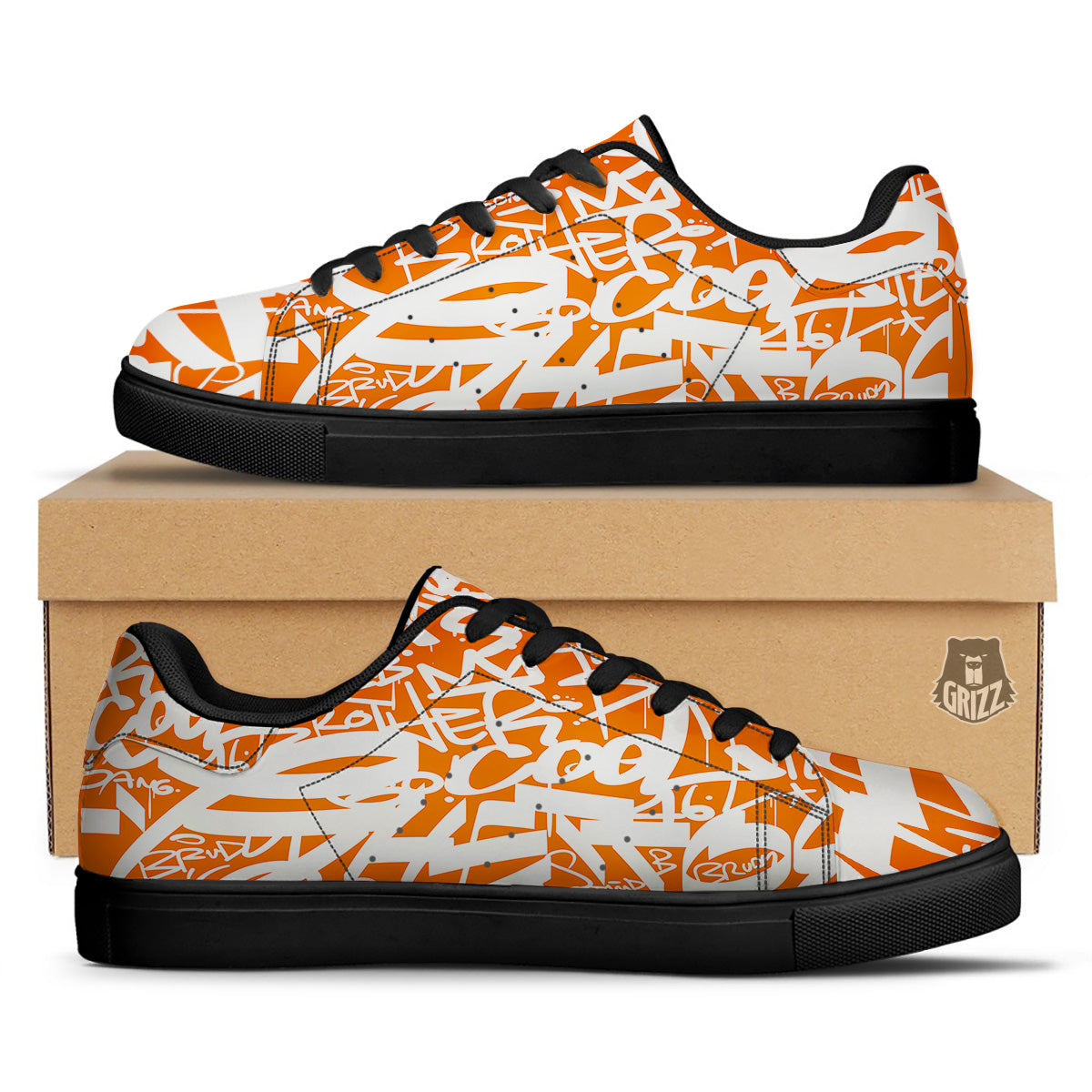 Orange Urban Graffiti Text Print Pattern Black Low Top Sneakers-grizzshop