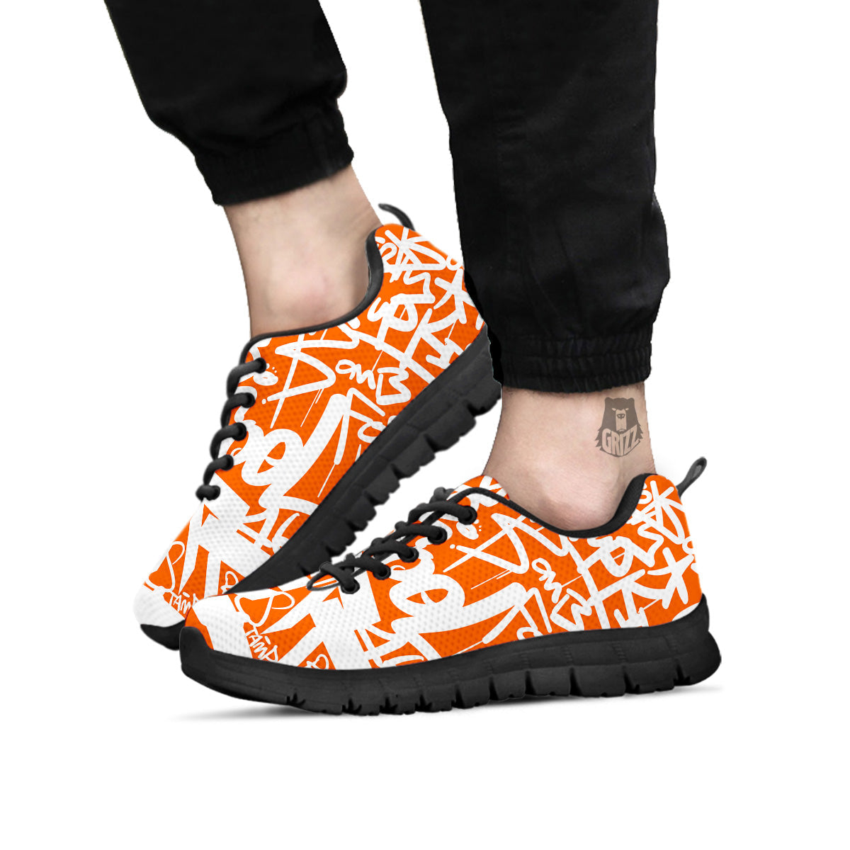 Orange Urban Graffiti Text Print Pattern Black Sneaker-grizzshop