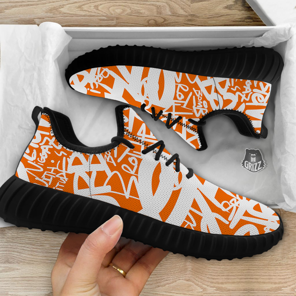 Orange Urban Graffiti Text Print Pattern Black Walking Shoes-grizzshop
