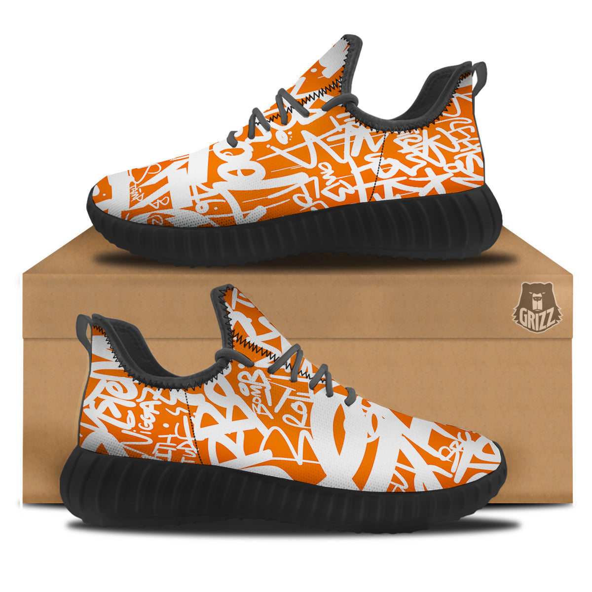 Orange Urban Graffiti Text Print Pattern Black Walking Shoes-grizzshop