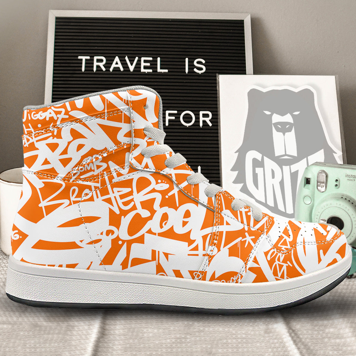 Orange Urban Graffiti Text Print Pattern High Top Sneakers-grizzshop