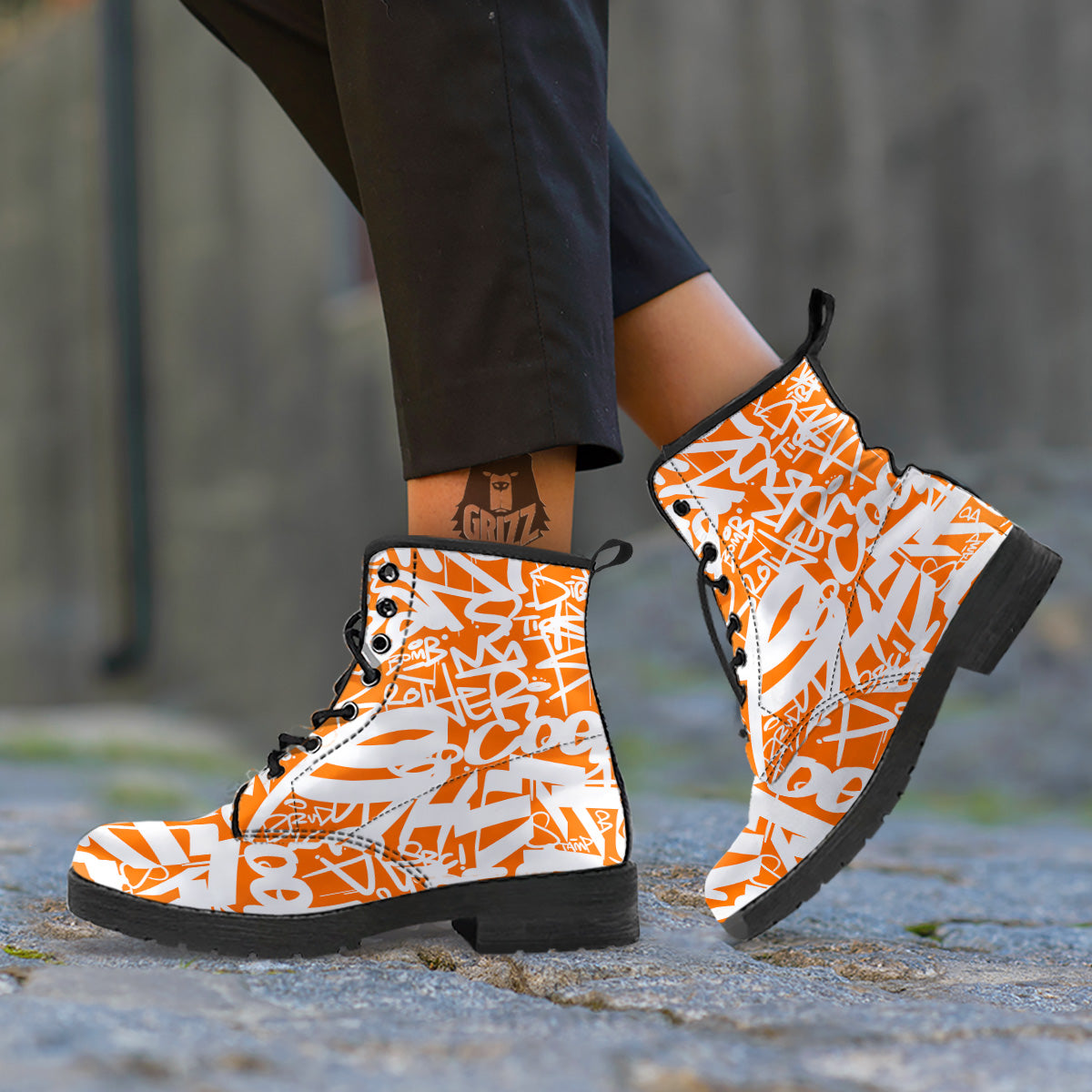 Orange Urban Graffiti Text Print Pattern Leather Boots-grizzshop