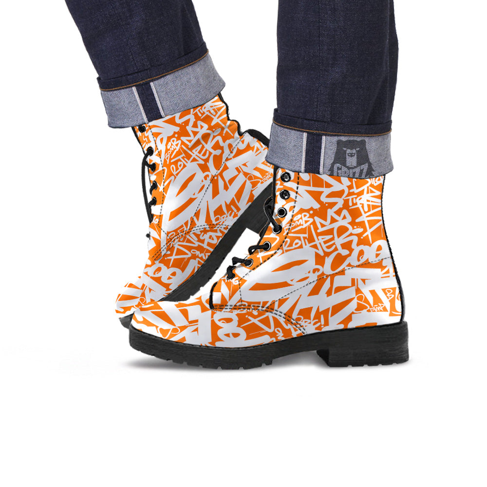 Orange Urban Graffiti Text Print Pattern Leather Boots-grizzshop