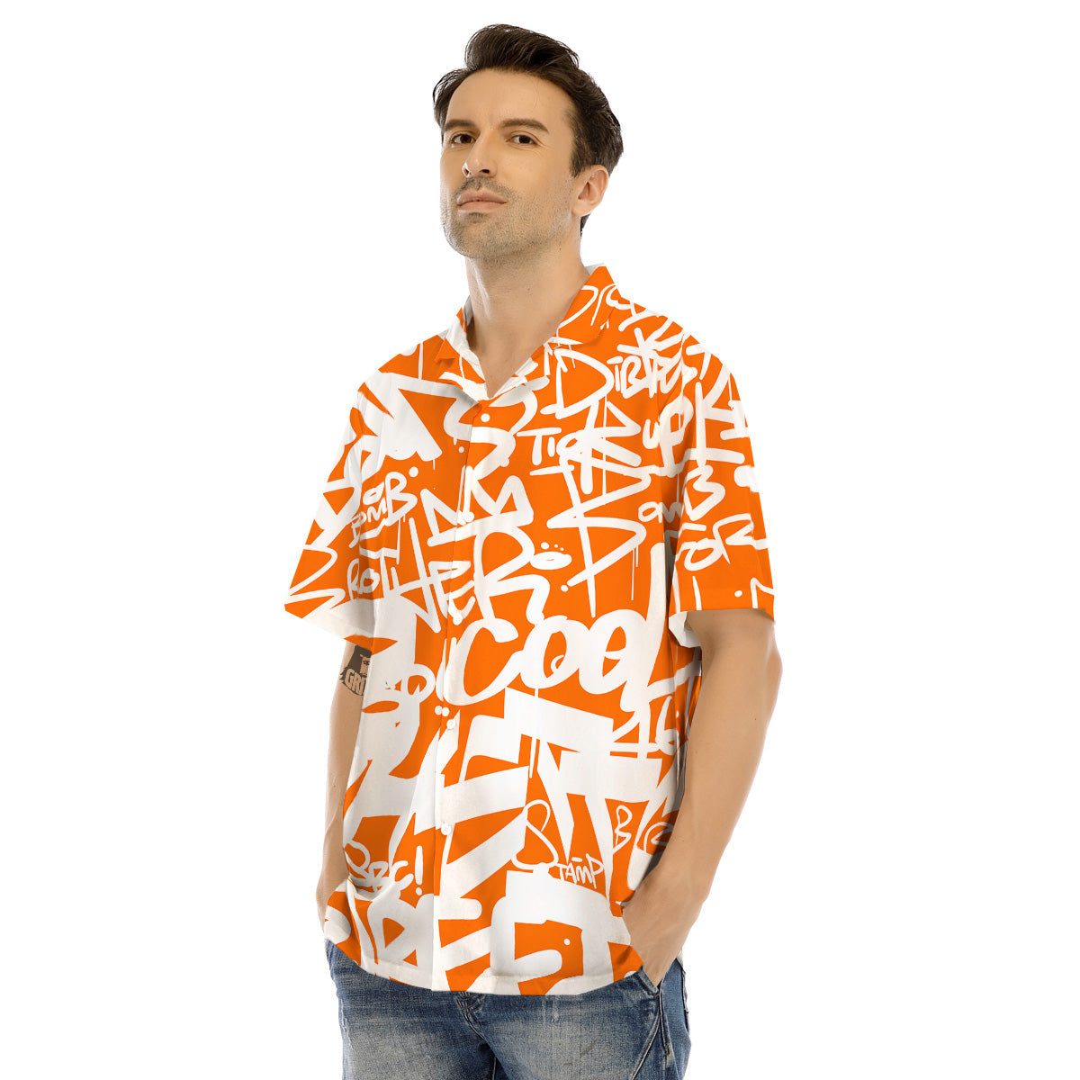 Orange Urban Graffiti Text Print Pattern Men's Hawaiian Shirt-grizzshop