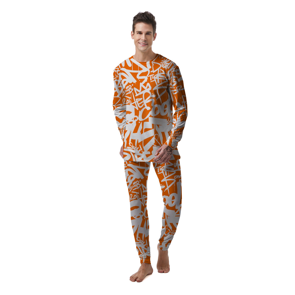 Orange Urban Graffiti Text Print Pattern Men's Pajamas-grizzshop