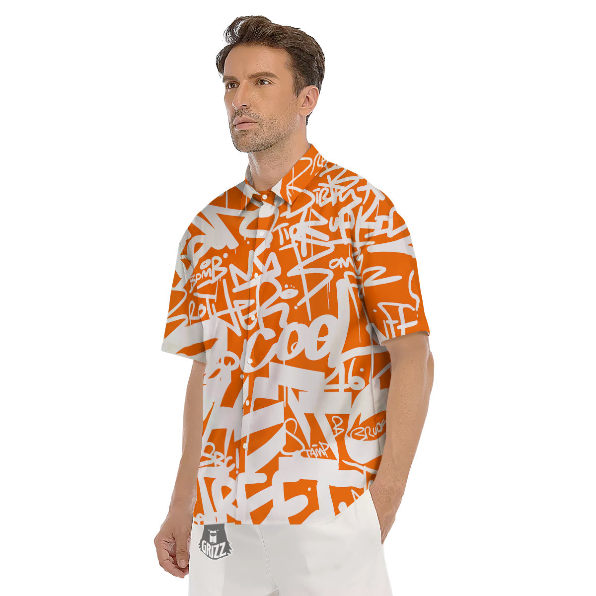 Orange Urban Graffiti Text Print Pattern Men's Short Sleeve Shirts-grizzshop