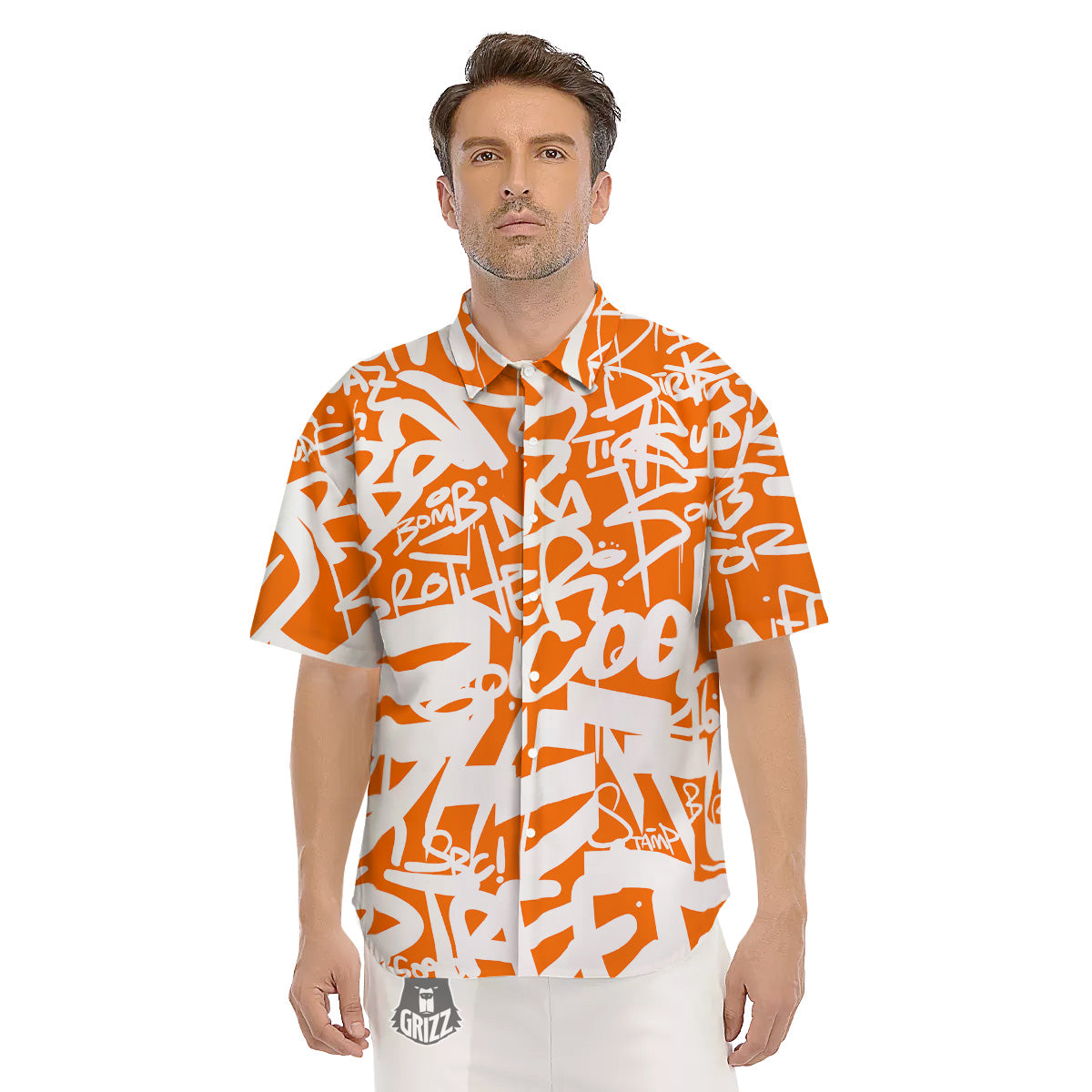 Orange Urban Graffiti Text Print Pattern Men's Short Sleeve Shirts-grizzshop