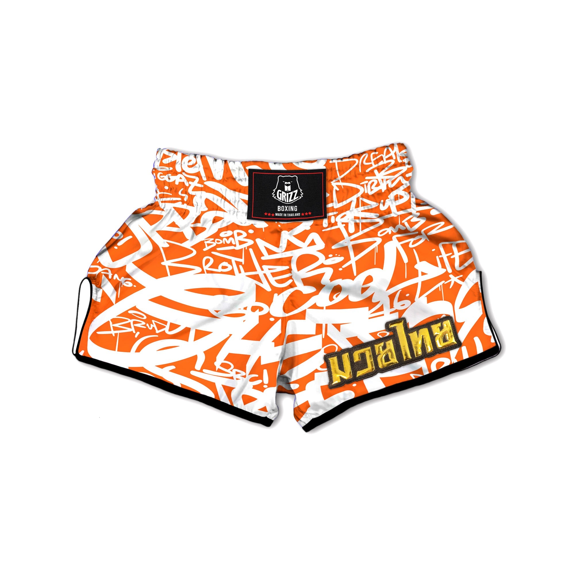 Orange Urban Graffiti Text Print Pattern Muay Thai Boxing Shorts-grizzshop