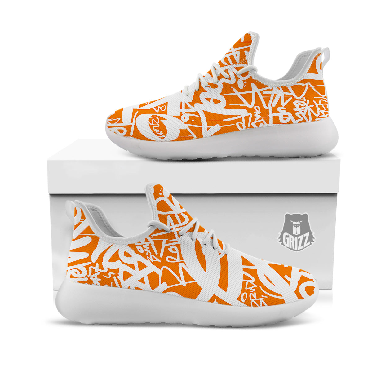 Orange Urban Graffiti Text Print Pattern White Athletic Shoes-grizzshop