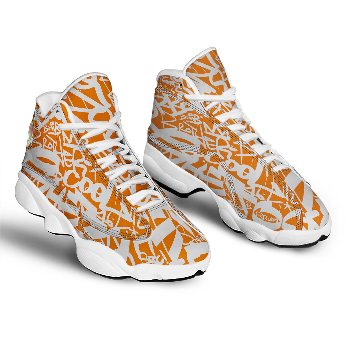 Orange Urban Graffiti Text Print Pattern White Basketball Shoes-grizzshop