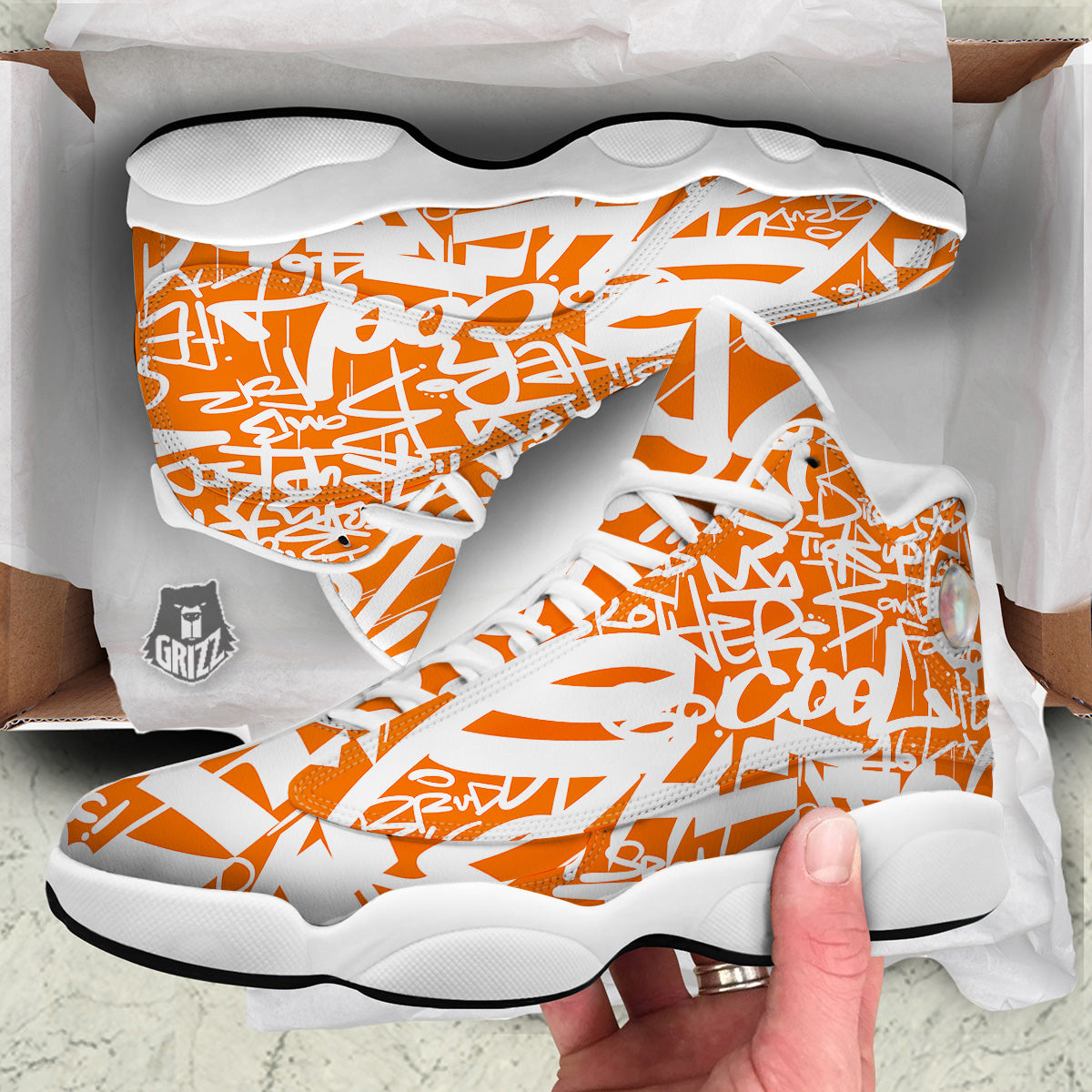 Orange Urban Graffiti Text Print Pattern White Basketball Shoes-grizzshop