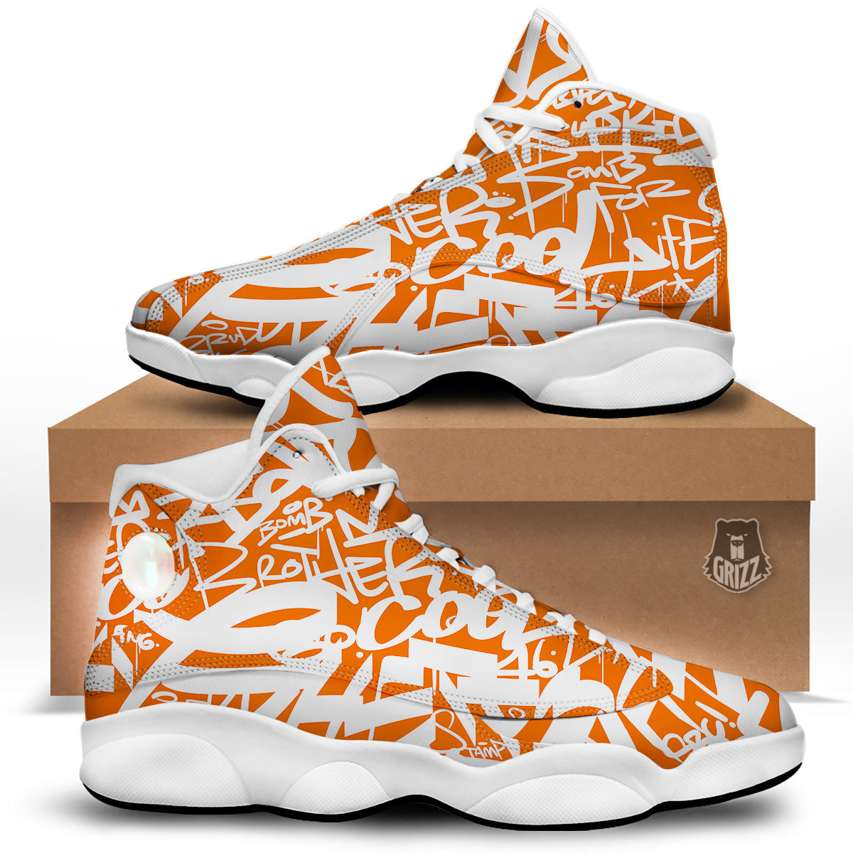 Orange Urban Graffiti Text Print Pattern White Basketball Shoes-grizzshop