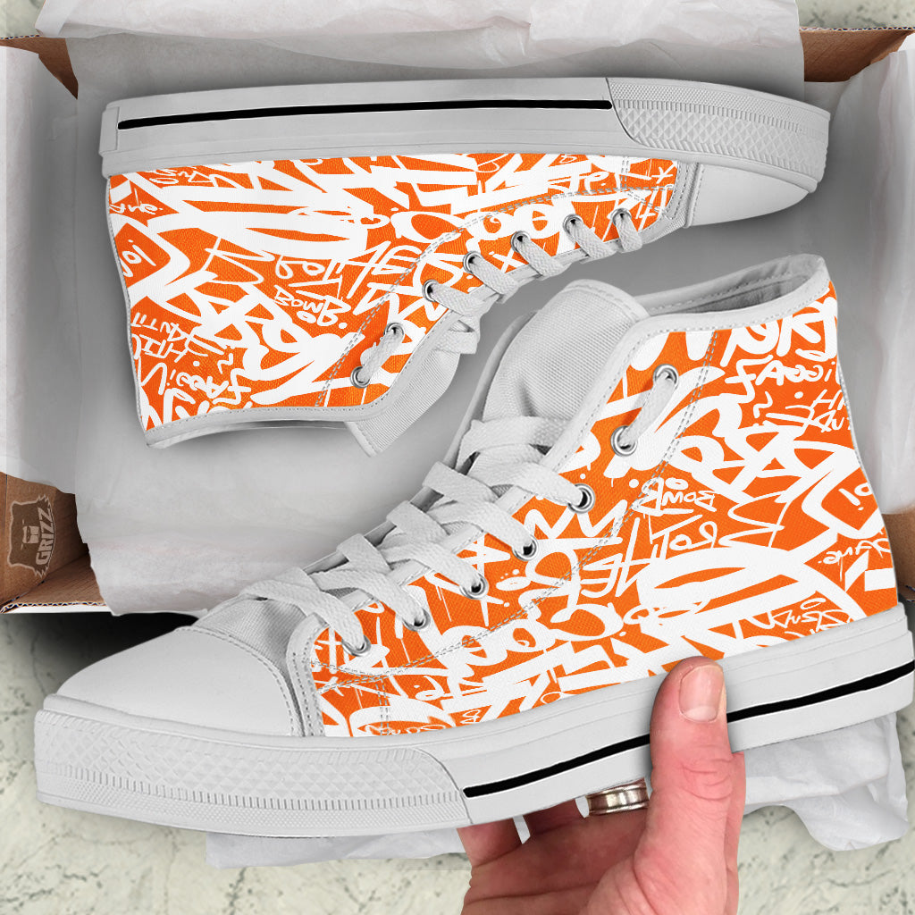 Orange Urban Graffiti Text Print Pattern White High Top Shoes-grizzshop