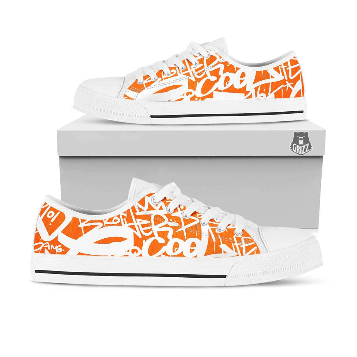 Orange Urban Graffiti Text Print Pattern White Low Top Shoes-grizzshop