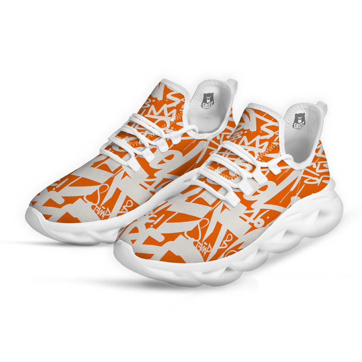 Orange Urban Graffiti Text Print Pattern White Running Shoes-grizzshop