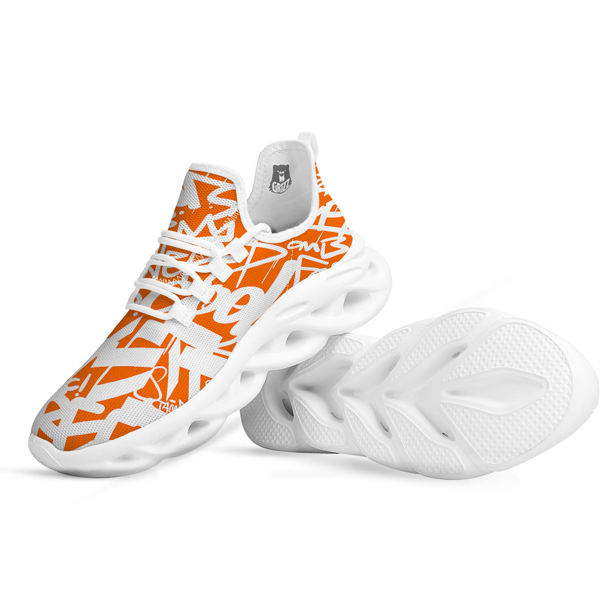 Orange Urban Graffiti Text Print Pattern White Running Shoes-grizzshop