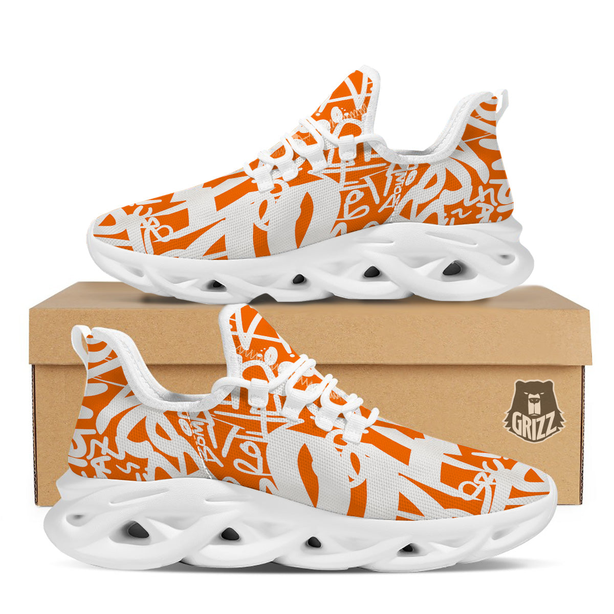 Orange Urban Graffiti Text Print Pattern White Running Shoes-grizzshop