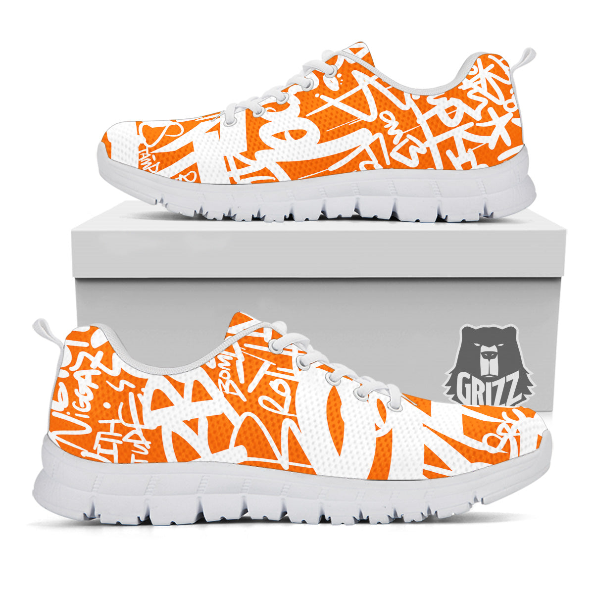 Orange Urban Graffiti Text Print Pattern White Sneaker-grizzshop