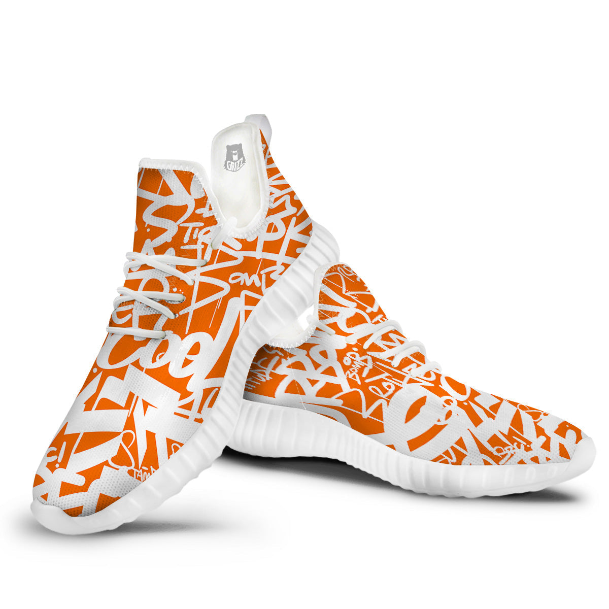 Orange Urban Graffiti Text Print Pattern White Walking Shoes-grizzshop