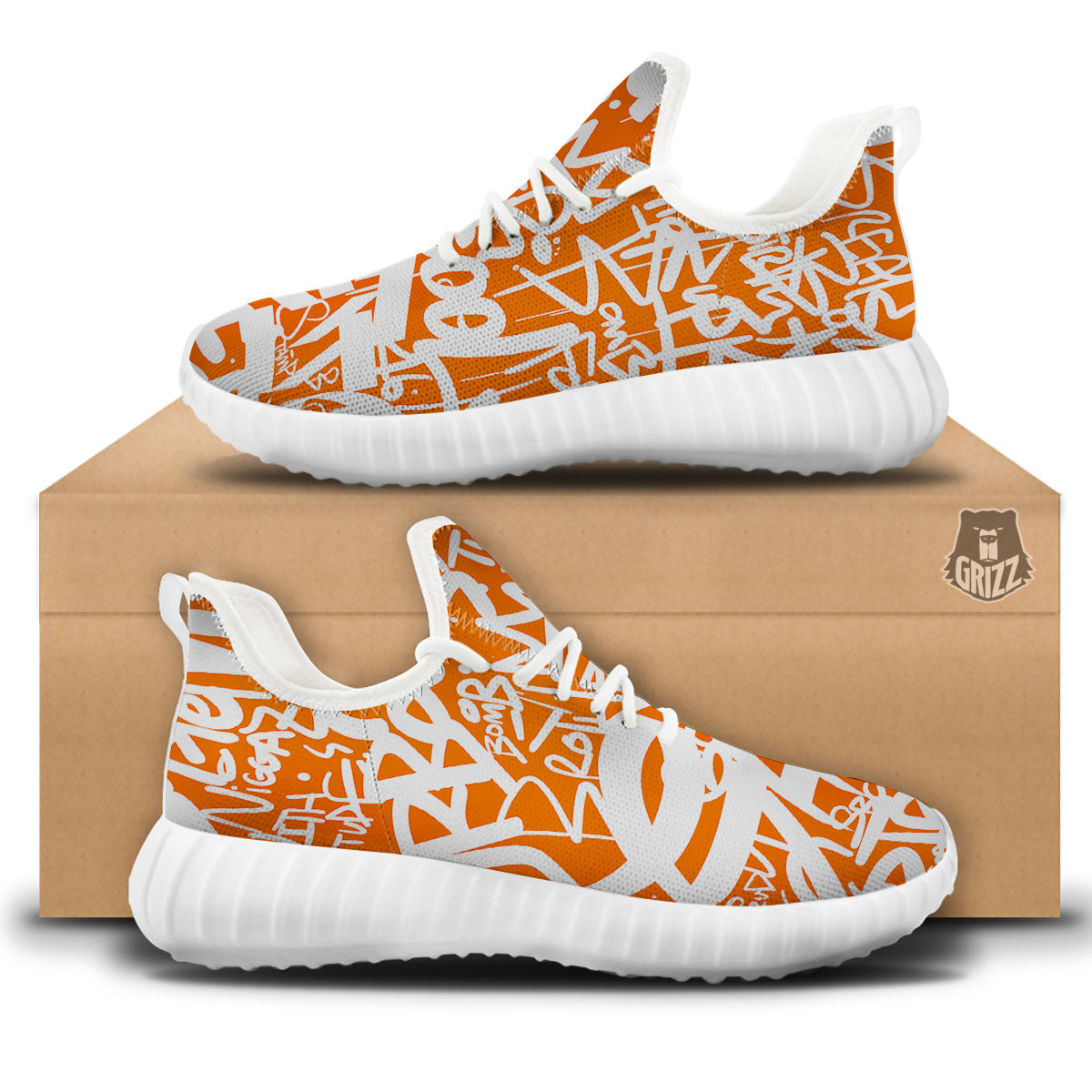 Orange Urban Graffiti Text Print Pattern White Walking Shoes-grizzshop