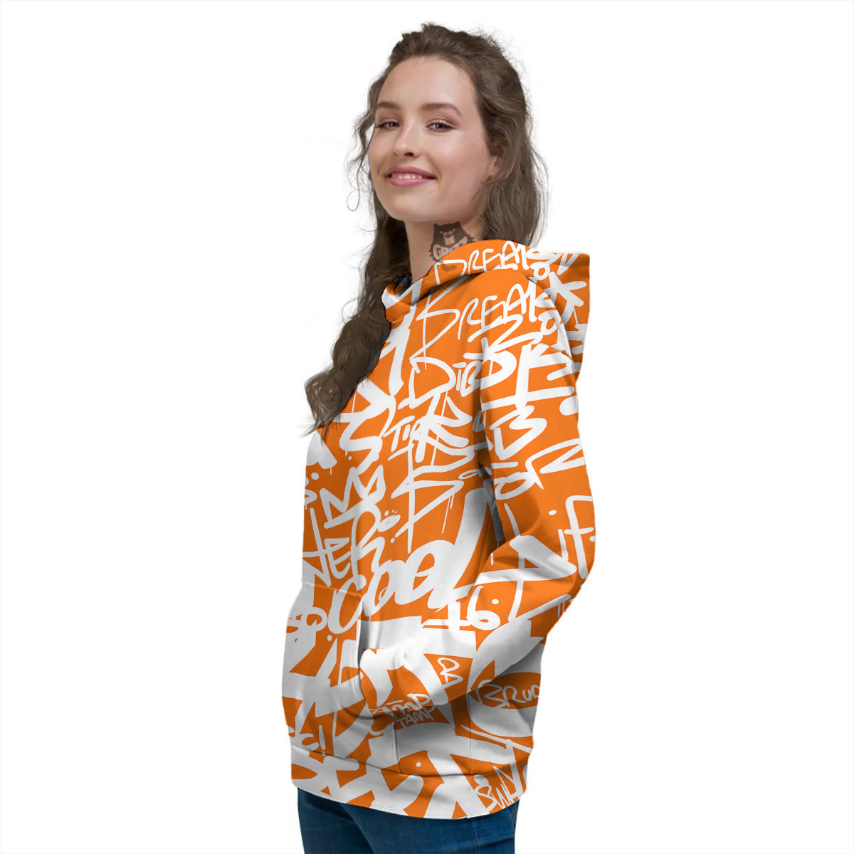 Orange Urban Graffiti Text Print Pattern Women's Hoodie-grizzshop