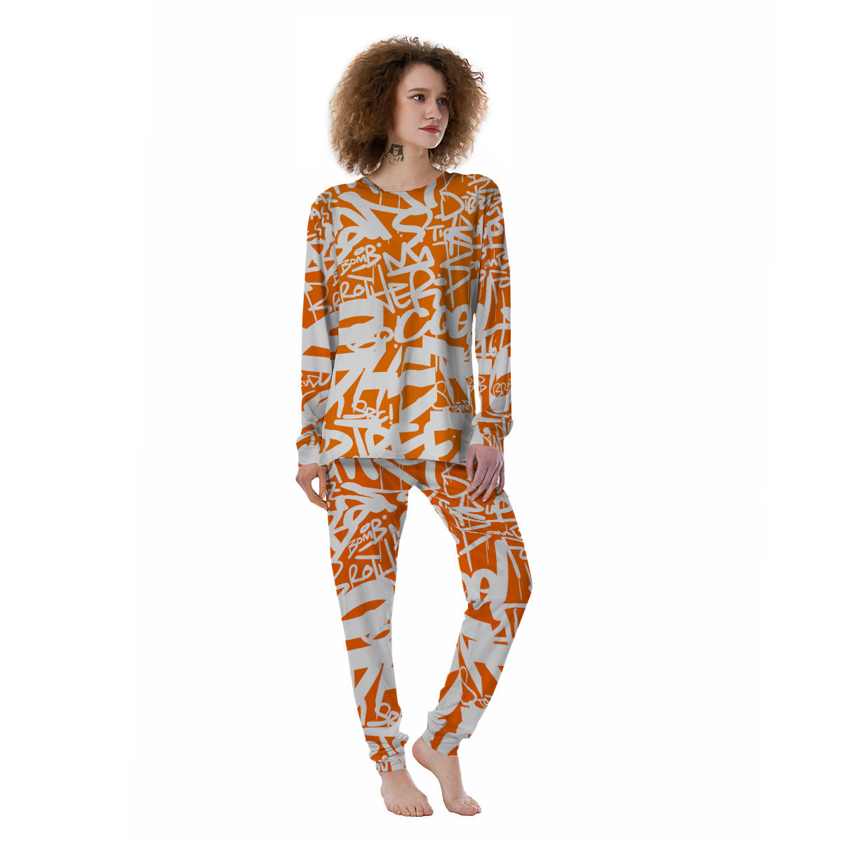 Orange Urban Graffiti Text Print Pattern Women's Pajamas-grizzshop